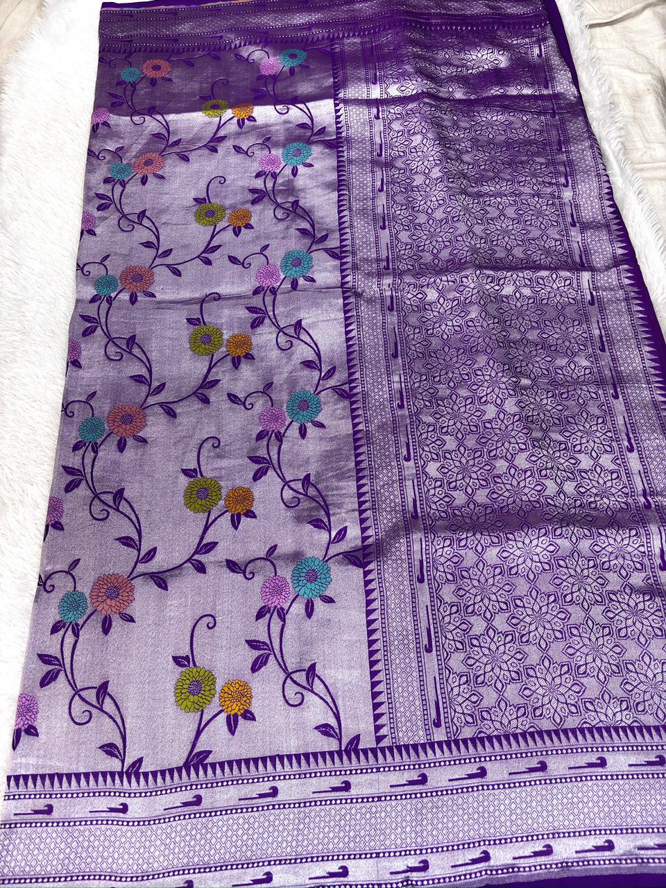 Lavender Amethyst Tussar Georgette Handloom Saree with Floral Weave