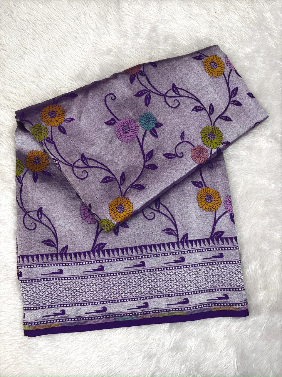 Lavender Amethyst Tussar Georgette Handloom Saree with Floral Weave