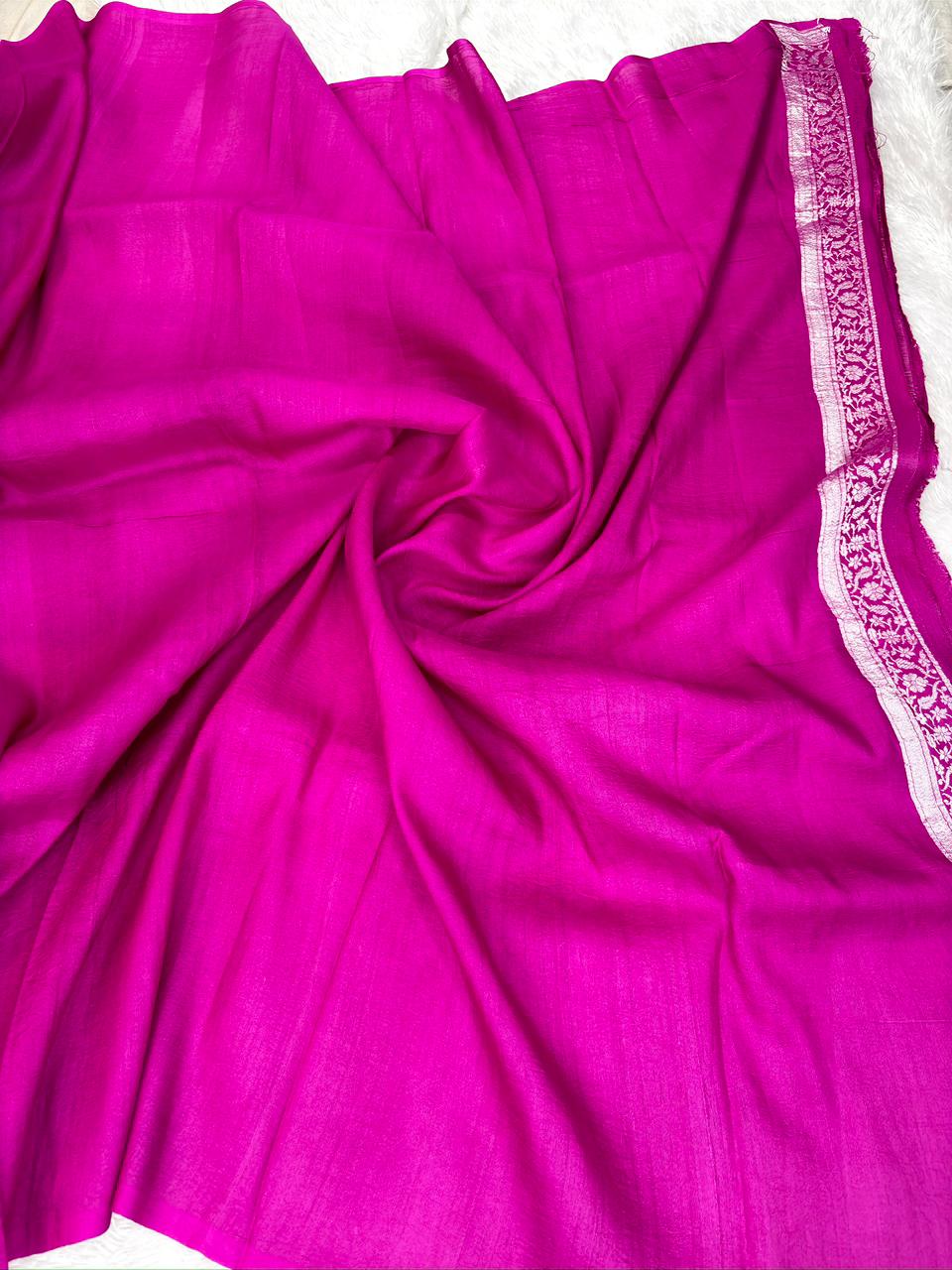 Rani Magenta Tussar Georgette Handloom Saree with Multicolour Floral Jaal & Silver Zari Pallu