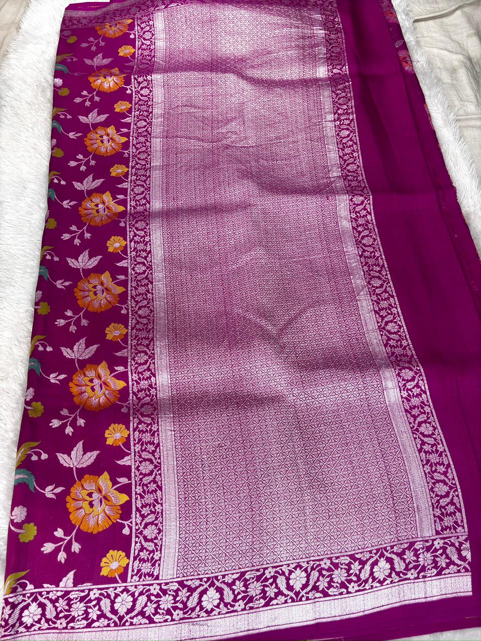 Rani Magenta Tussar Georgette Handloom Saree with Multicolour Floral Jaal & Silver Zari Pallu