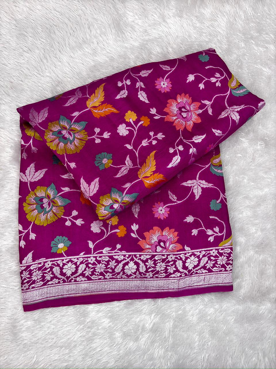 Rani Magenta Tussar Georgette Handloom Saree with Multicolour Floral Jaal & Silver Zari Pallu