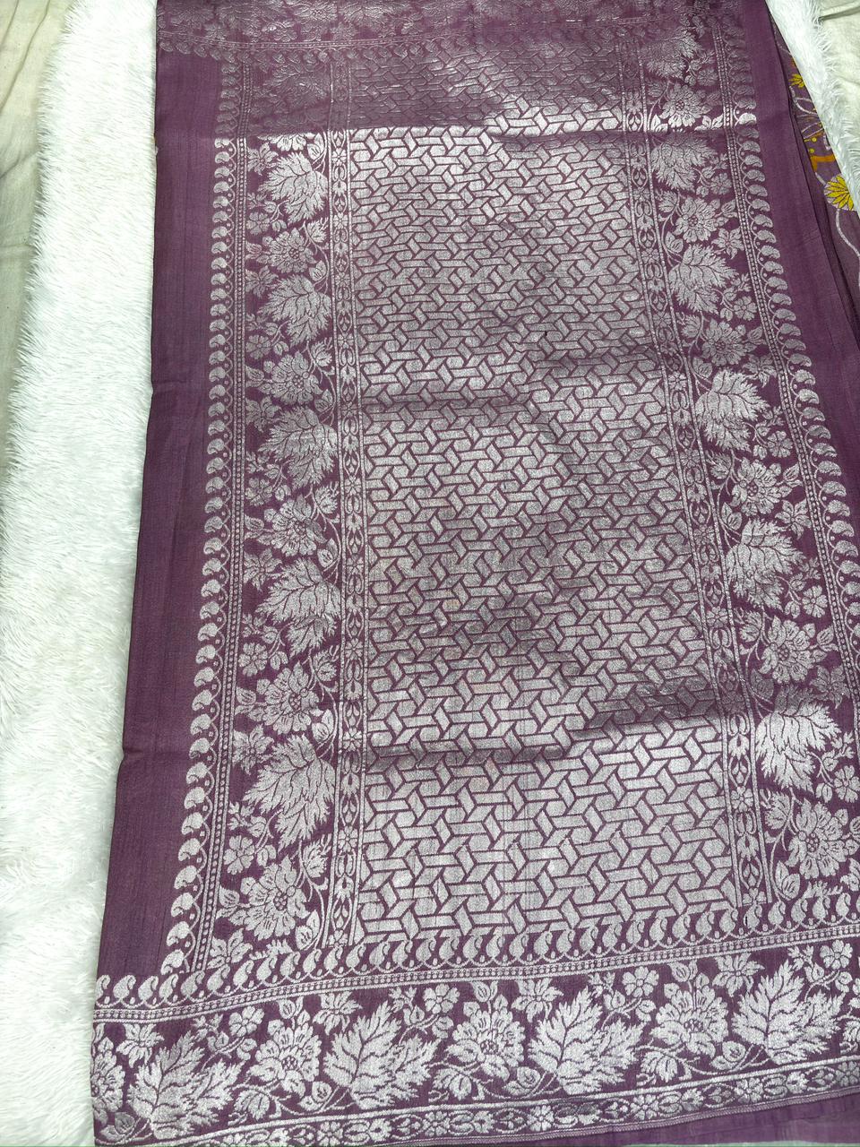 Plum Mauve Tussar Georgette Handloom Saree with Floral Weave & Silver Zari Border