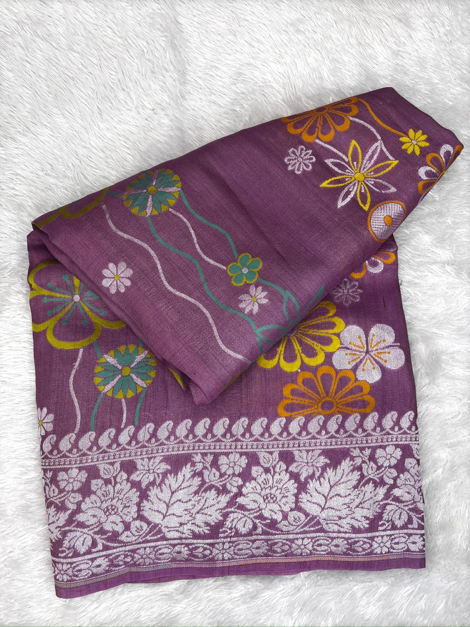 Plum Mauve Tussar Georgette Handloom Saree with Floral Weave & Silver Zari Border