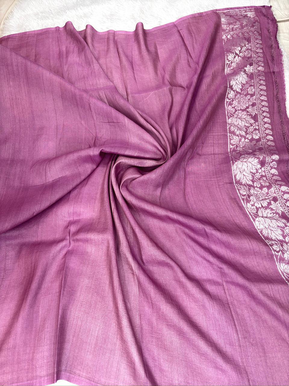 Plum Mauve Tussar Georgette Handloom Saree with Floral Weave & Silver Zari Border