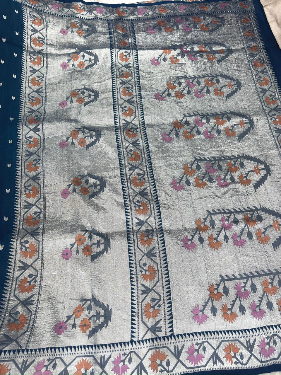 Indigo Blue Tussar Georgette Handloom Saree with Silver Tribal Border