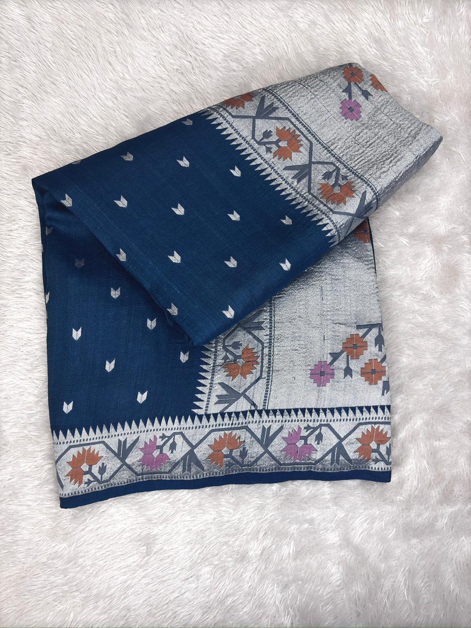 Indigo Blue Tussar Georgette Handloom Saree with Silver Tribal Border