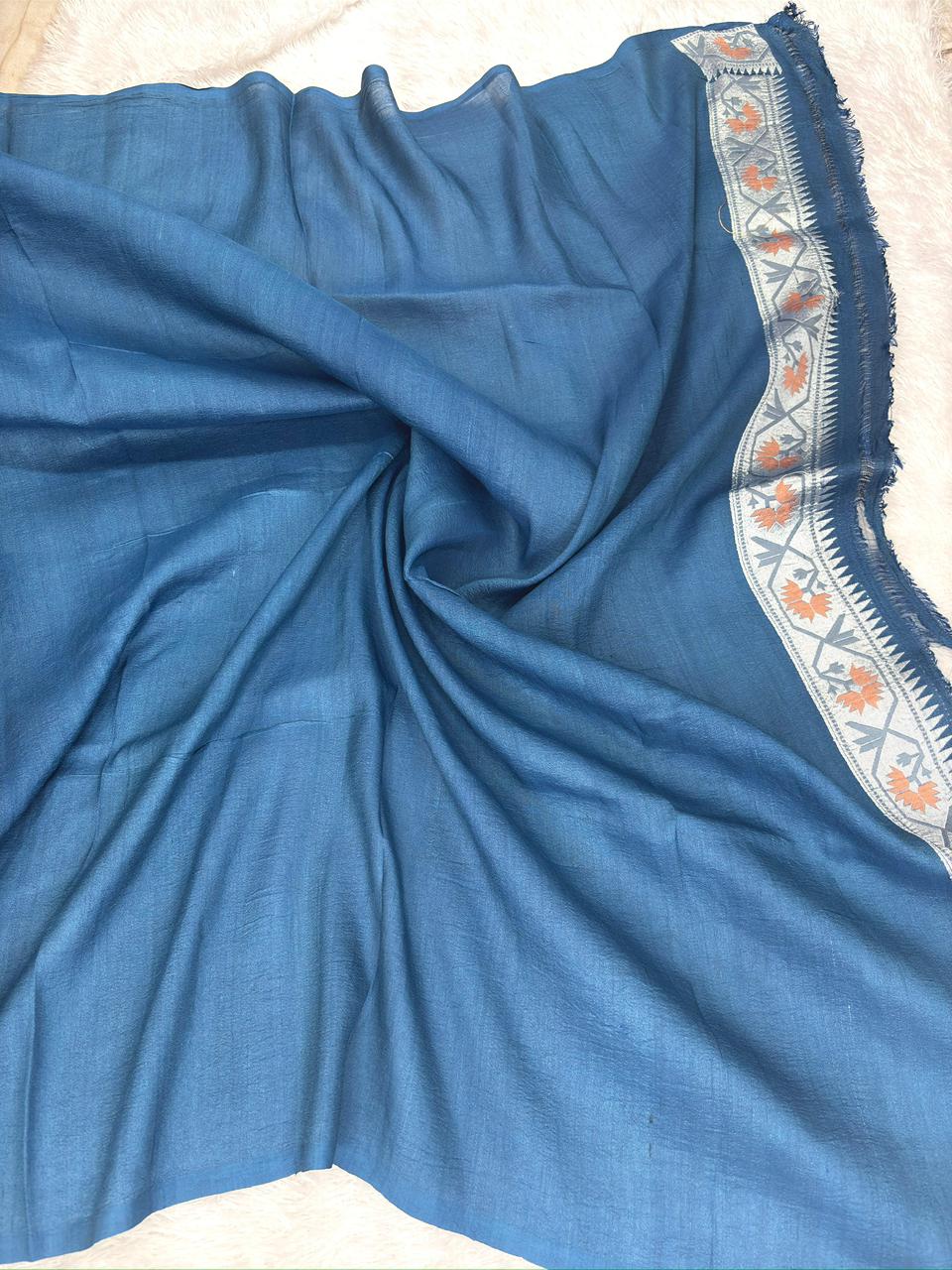 Indigo Blue Tussar Georgette Handloom Saree with Silver Tribal Border
