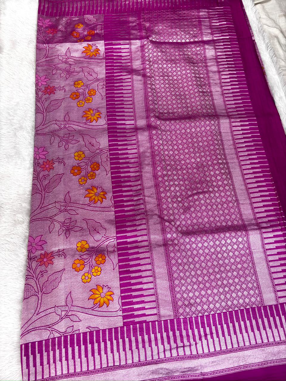 Handloom Tussar Georgette Saree in Dusty Mauve with Floral Buta & Woven Border