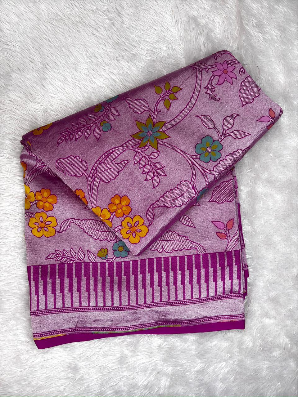 Handloom Tussar Georgette Saree in Dusty Mauve with Floral Buta & Woven Border