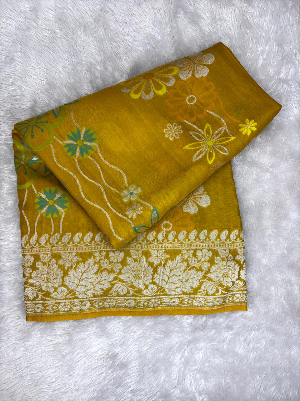 Mustard Gold Tussar Georgette Handloom Saree with Multicolour Floral Weave & Silver Zari Pallu