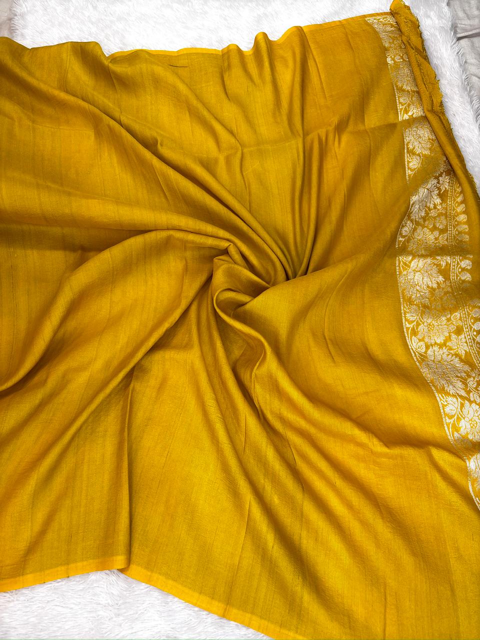 Mustard Gold Tussar Georgette Handloom Saree with Multicolour Floral Weave & Silver Zari Pallu