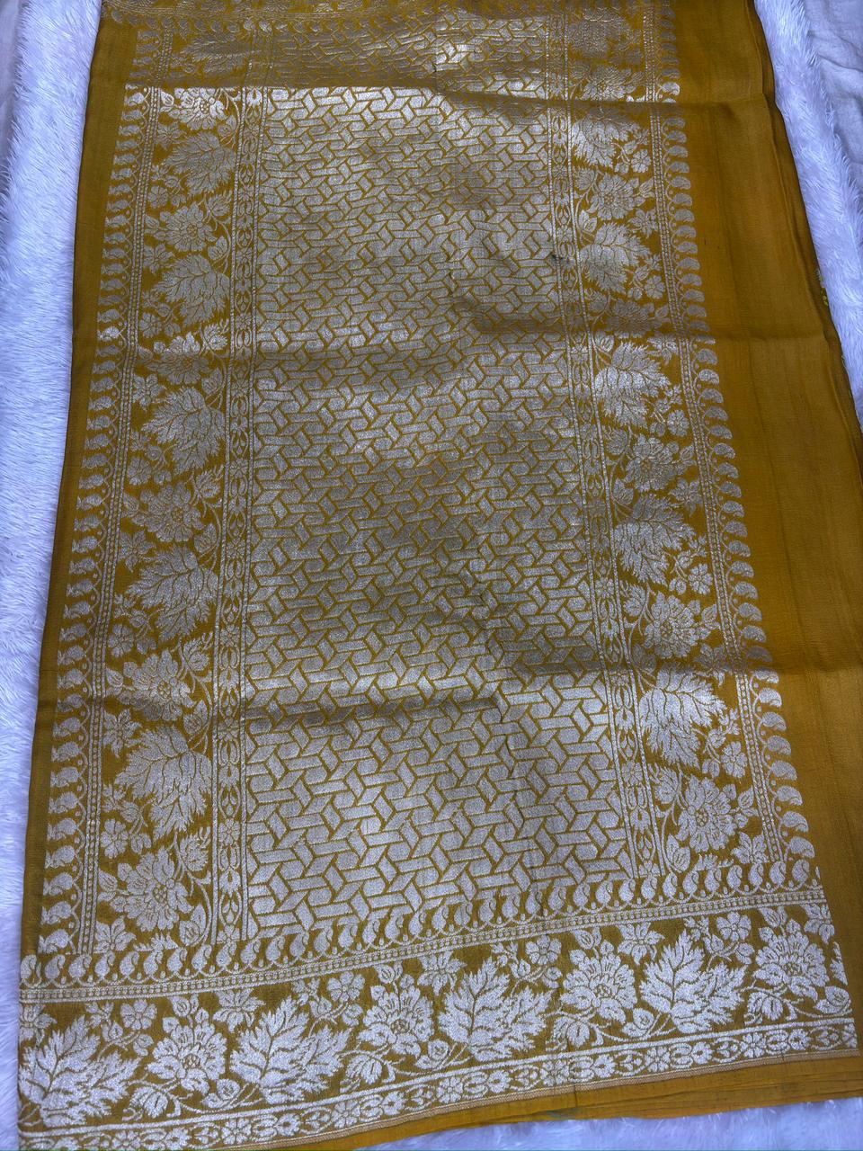Mustard Gold Tussar Georgette Handloom Saree with Multicolour Floral Weave & Silver Zari Pallu