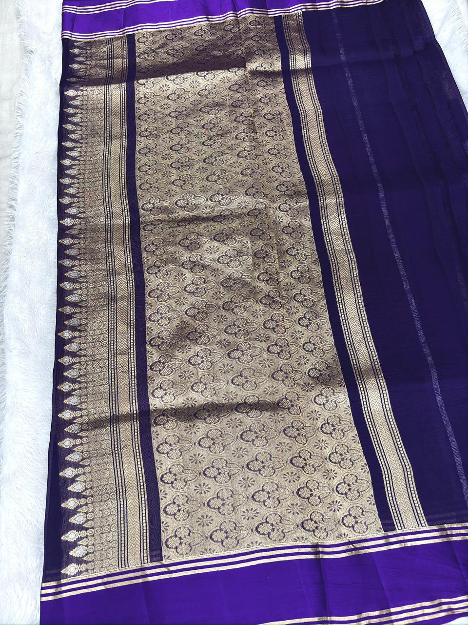 Regal Deep Violet Banarasi Kora Silk Saree | Handloom Kadhua Weave with Roopa Sona Zari