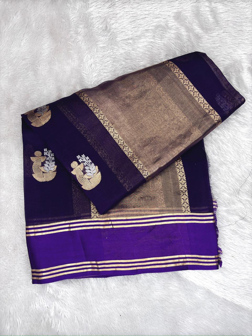 Regal Deep Violet Banarasi Kora Silk Saree | Handloom Kadhua Weave with Roopa Sona Zari