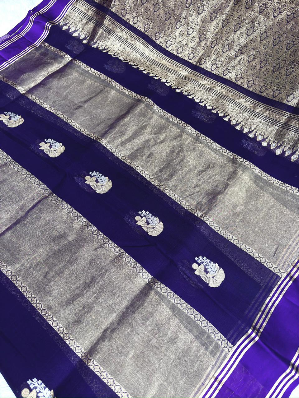Regal Deep Violet Banarasi Kora Silk Saree | Handloom Kadhua Weave with Roopa Sona Zari