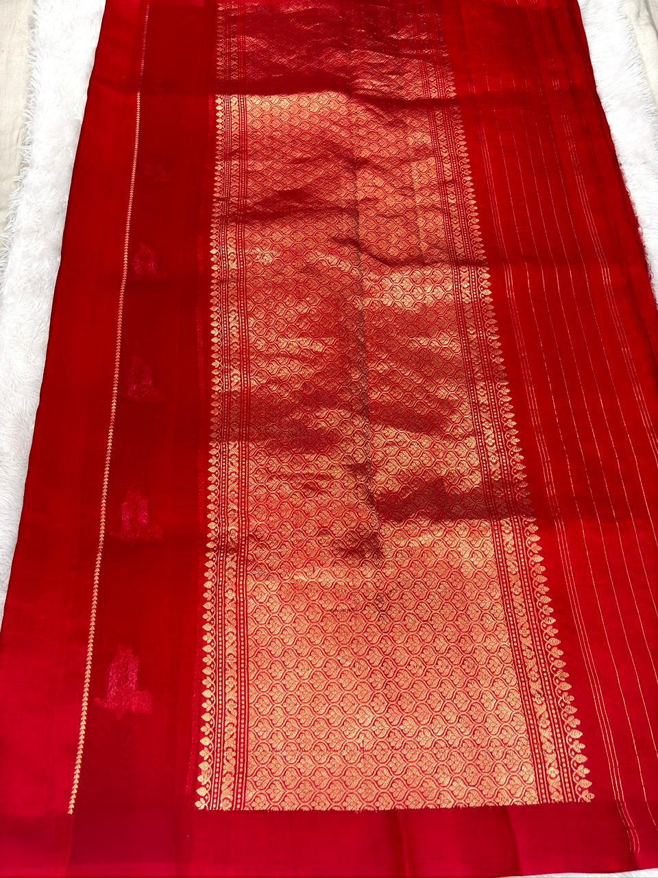 Royal Vermilion Kora Silk Designer Kadhua Handloom Saree