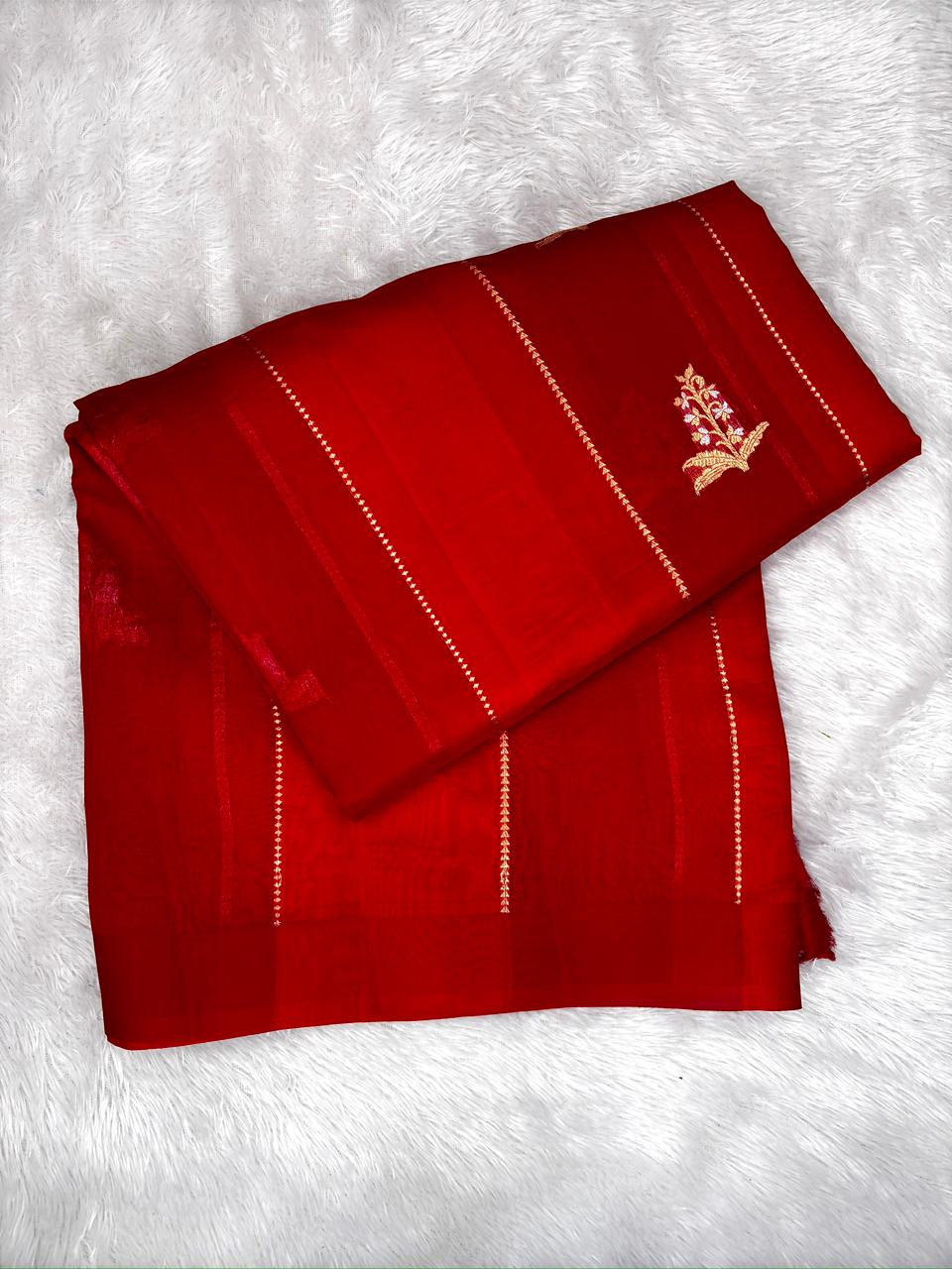 Royal Vermilion Kora Silk Designer Kadhua Handloom Saree