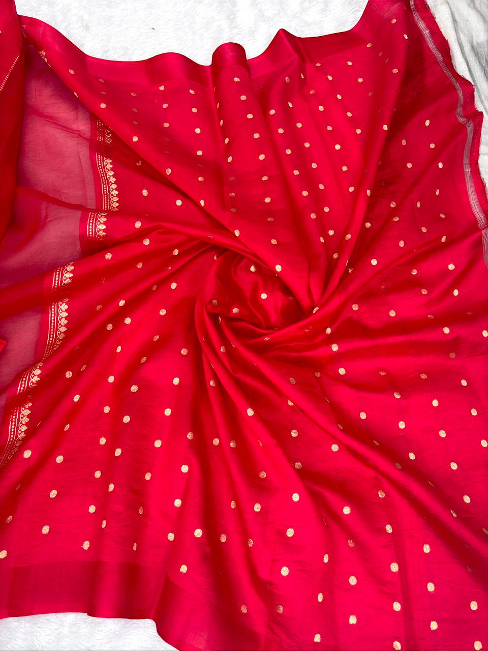 Royal Vermilion Kora Silk Designer Kadhua Handloom Saree