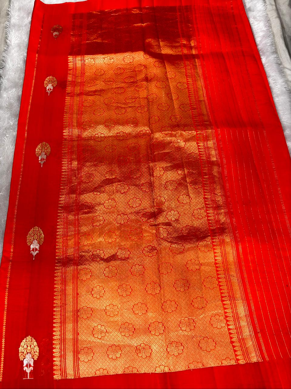 Rasika Red Kora Designer Kadhua Handloom Saree with Antique Gold Zari Pallu