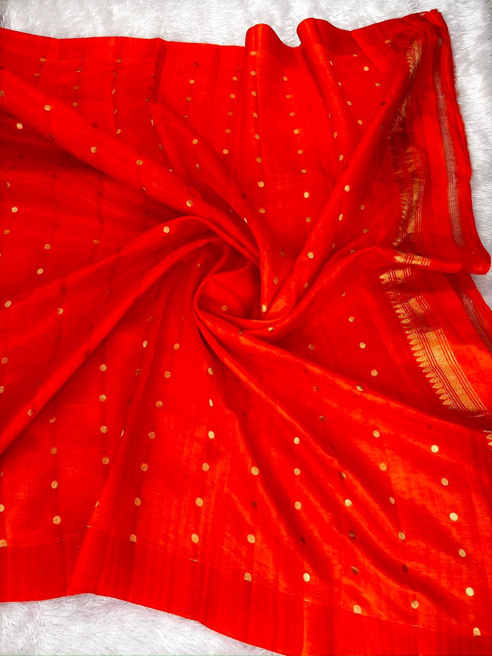 Rasika Red Kora Designer Kadhua Handloom Saree with Antique Gold Zari Pallu