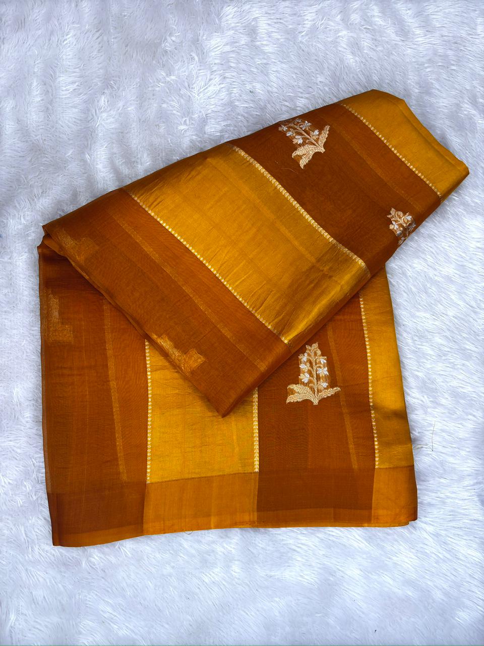 Mustard Gold Kora Designer Kadhua Handloom Saree with Antique Zari Pallu