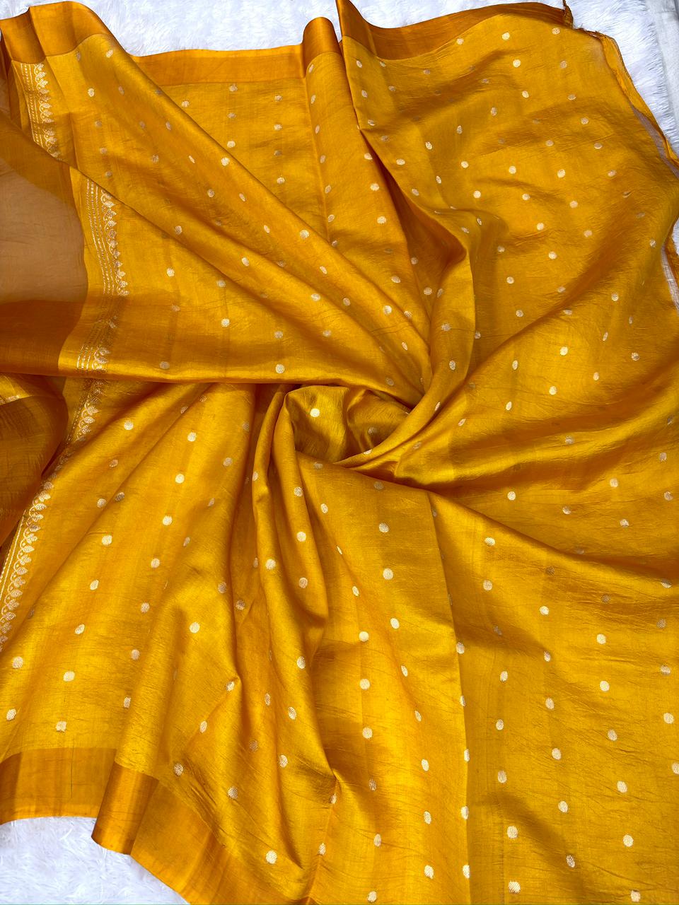 Mustard Gold Kora Designer Kadhua Handloom Saree with Antique Zari Pallu