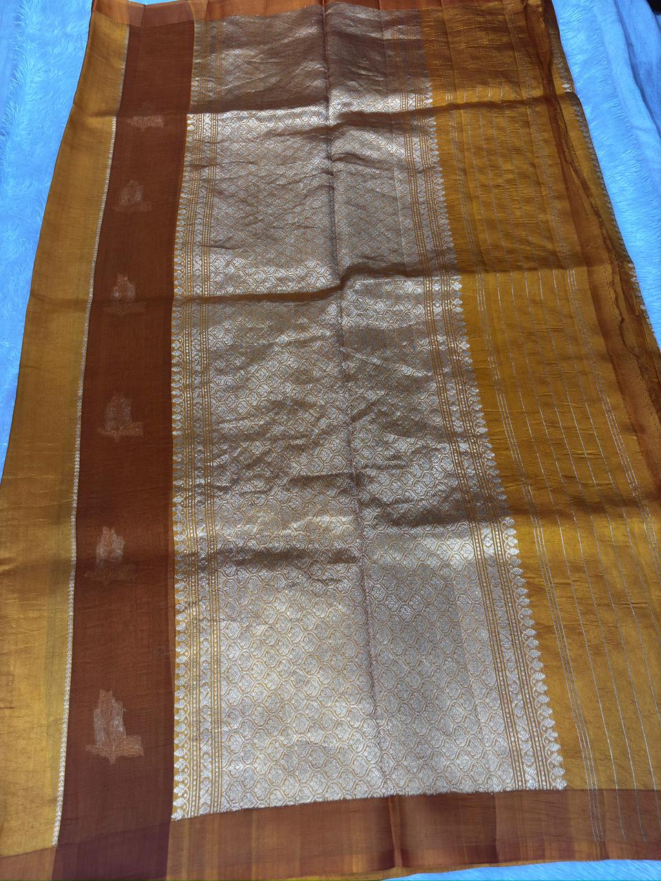 Mustard Gold Kora Designer Kadhua Handloom Saree with Antique Zari Pallu