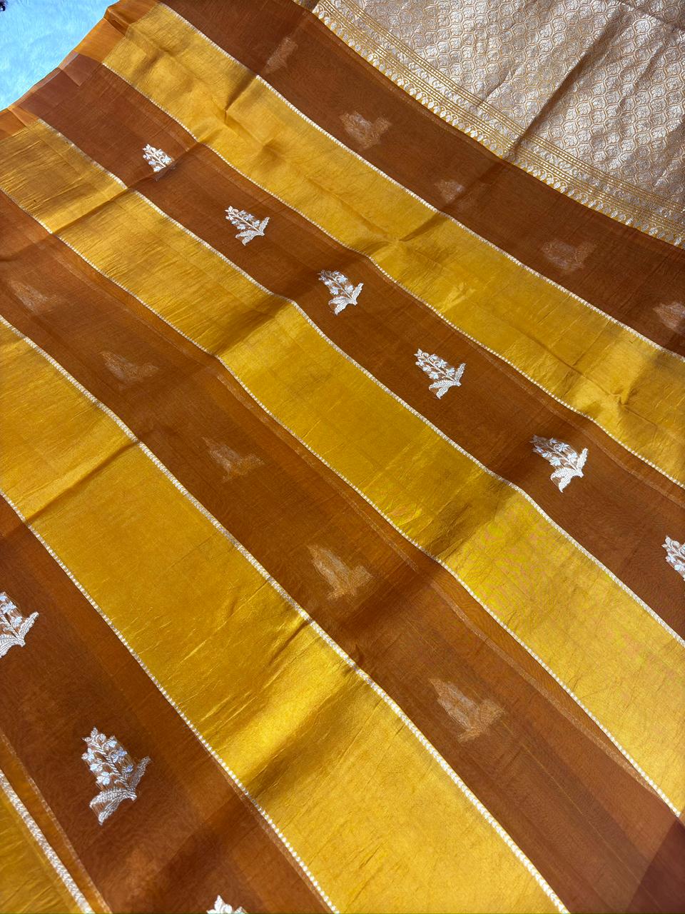 Mustard Gold Kora Designer Kadhua Handloom Saree with Antique Zari Pallu