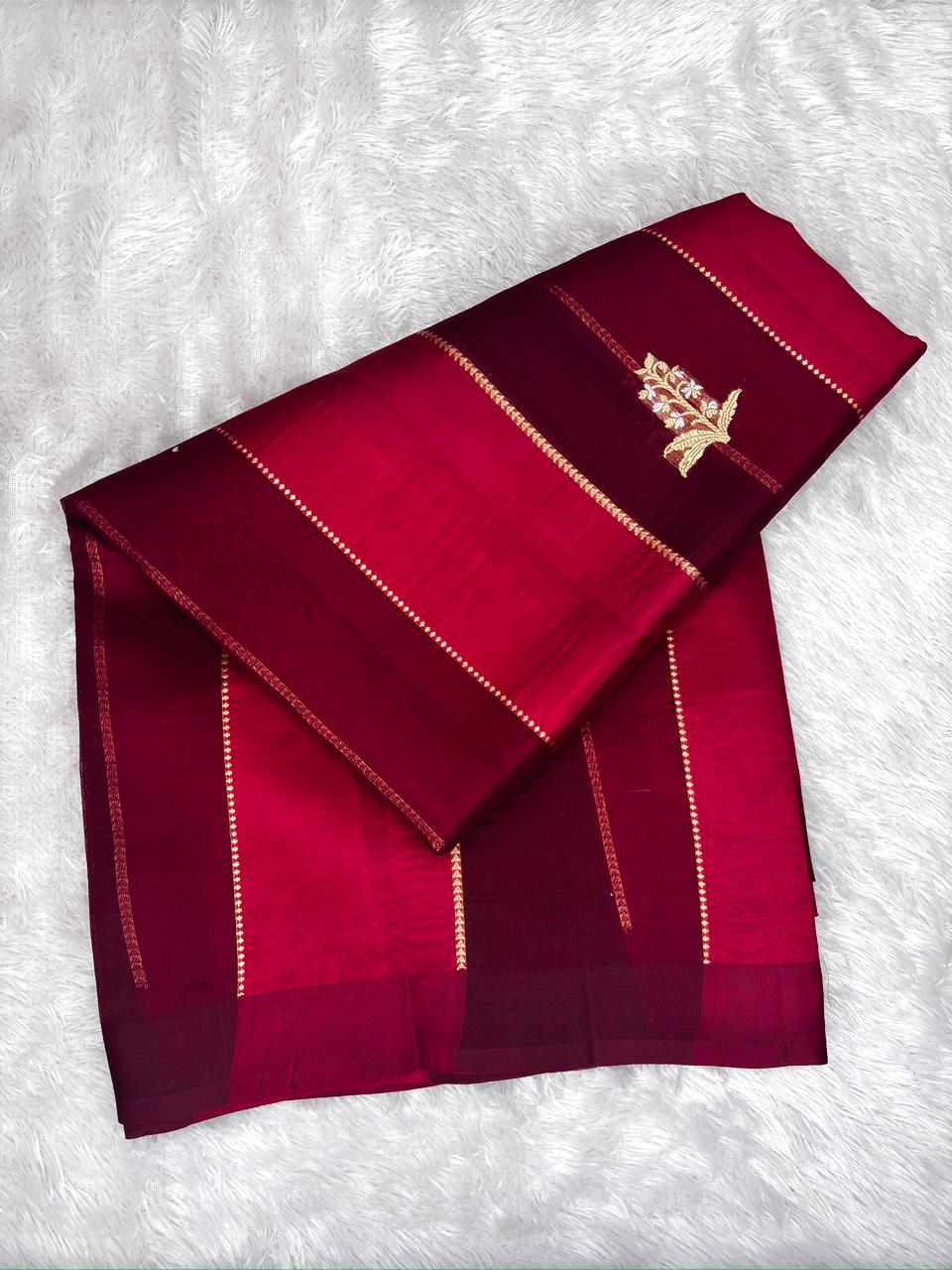 Crimson Red Kora Designer Kadhua Handloom Saree with Gold Zari Pallu