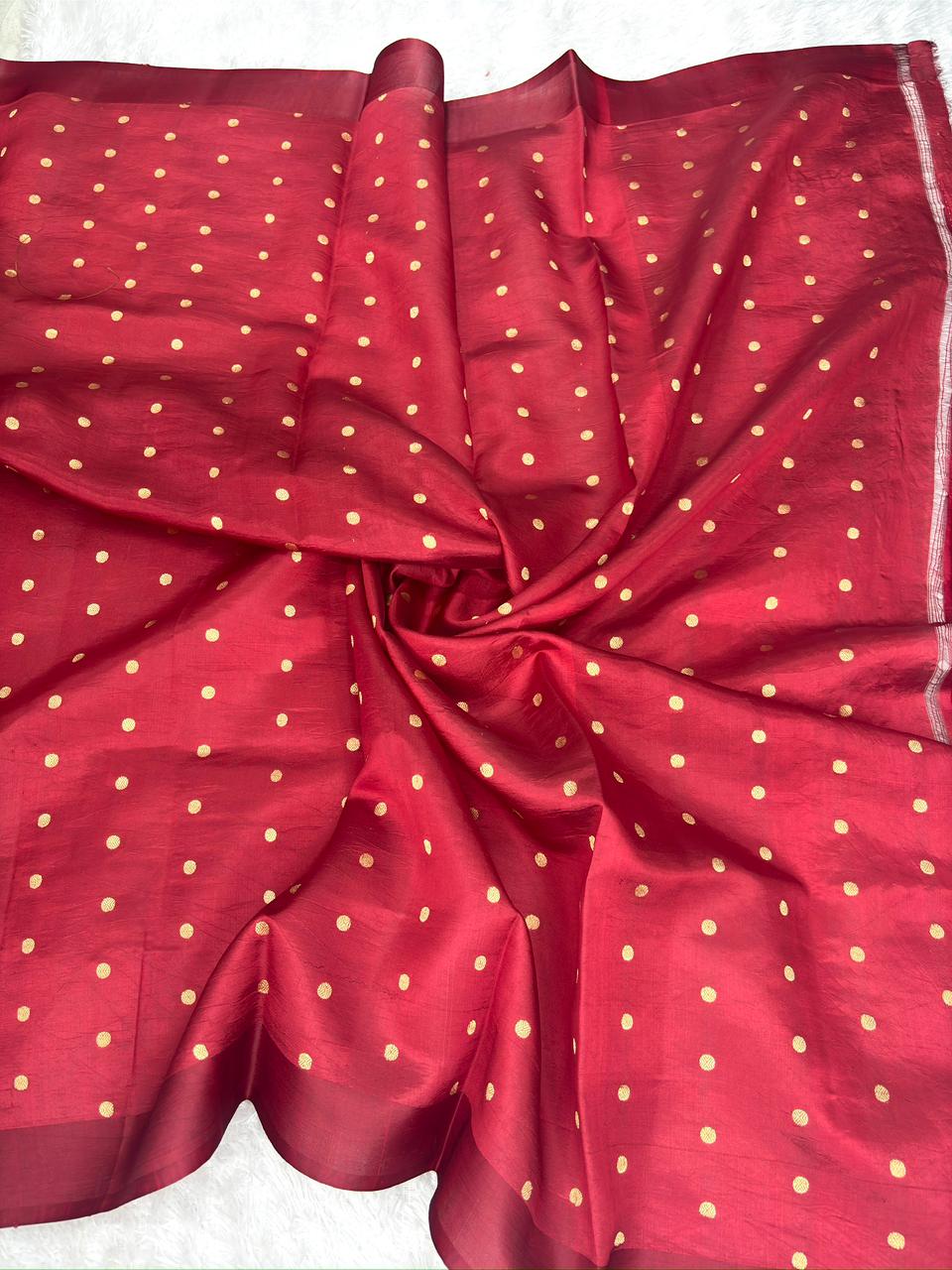 Crimson Red Kora Designer Kadhua Handloom Saree with Gold Zari Pallu