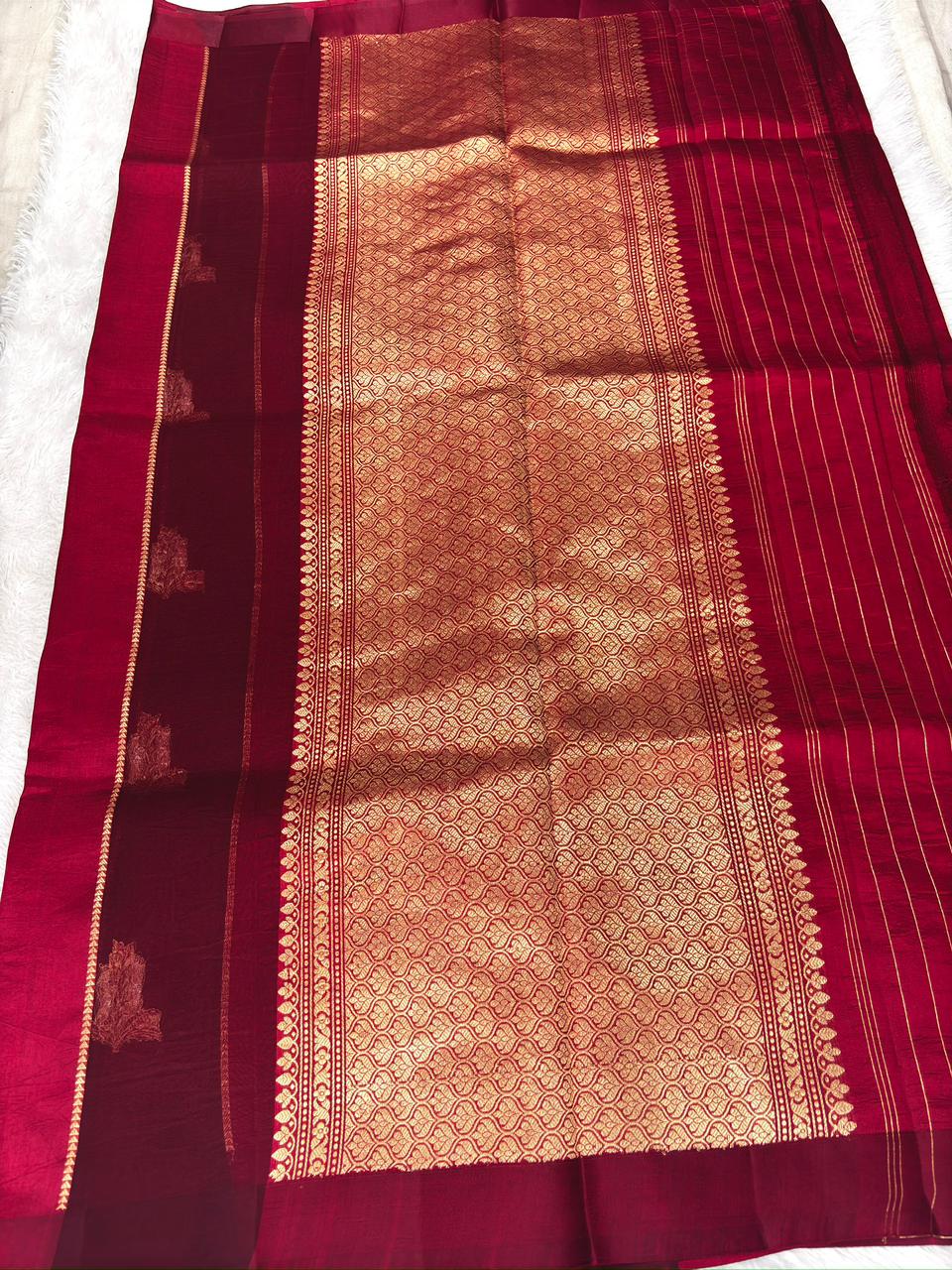 Crimson Red Kora Designer Kadhua Handloom Saree with Gold Zari Pallu