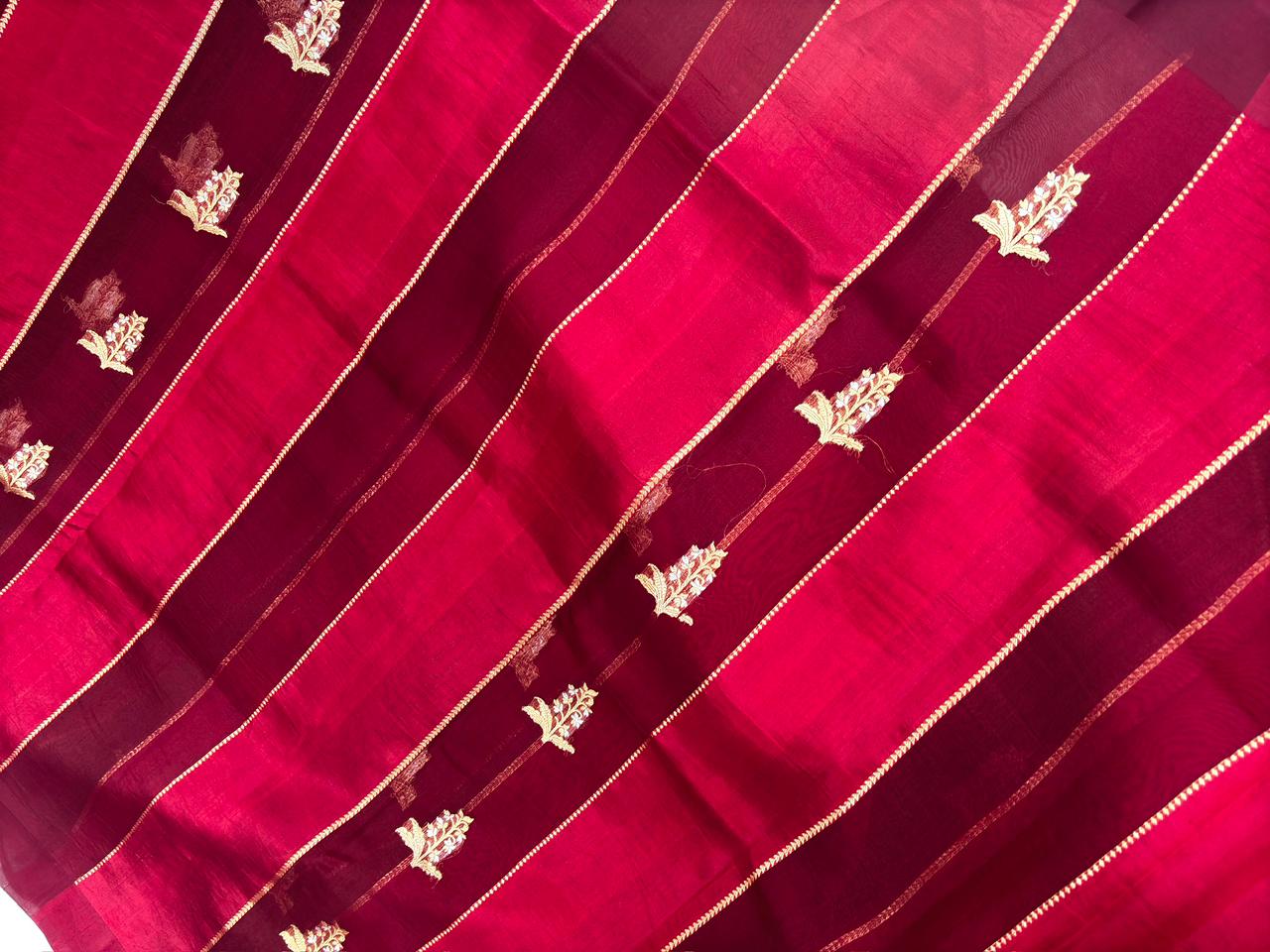 Crimson Red Kora Designer Kadhua Handloom Saree with Gold Zari Pallu