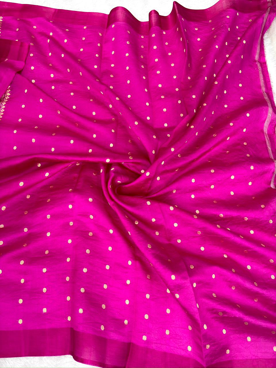 Rani Magenta Kora Designer Kadhua Handloom Saree with Gold Zari Motifs