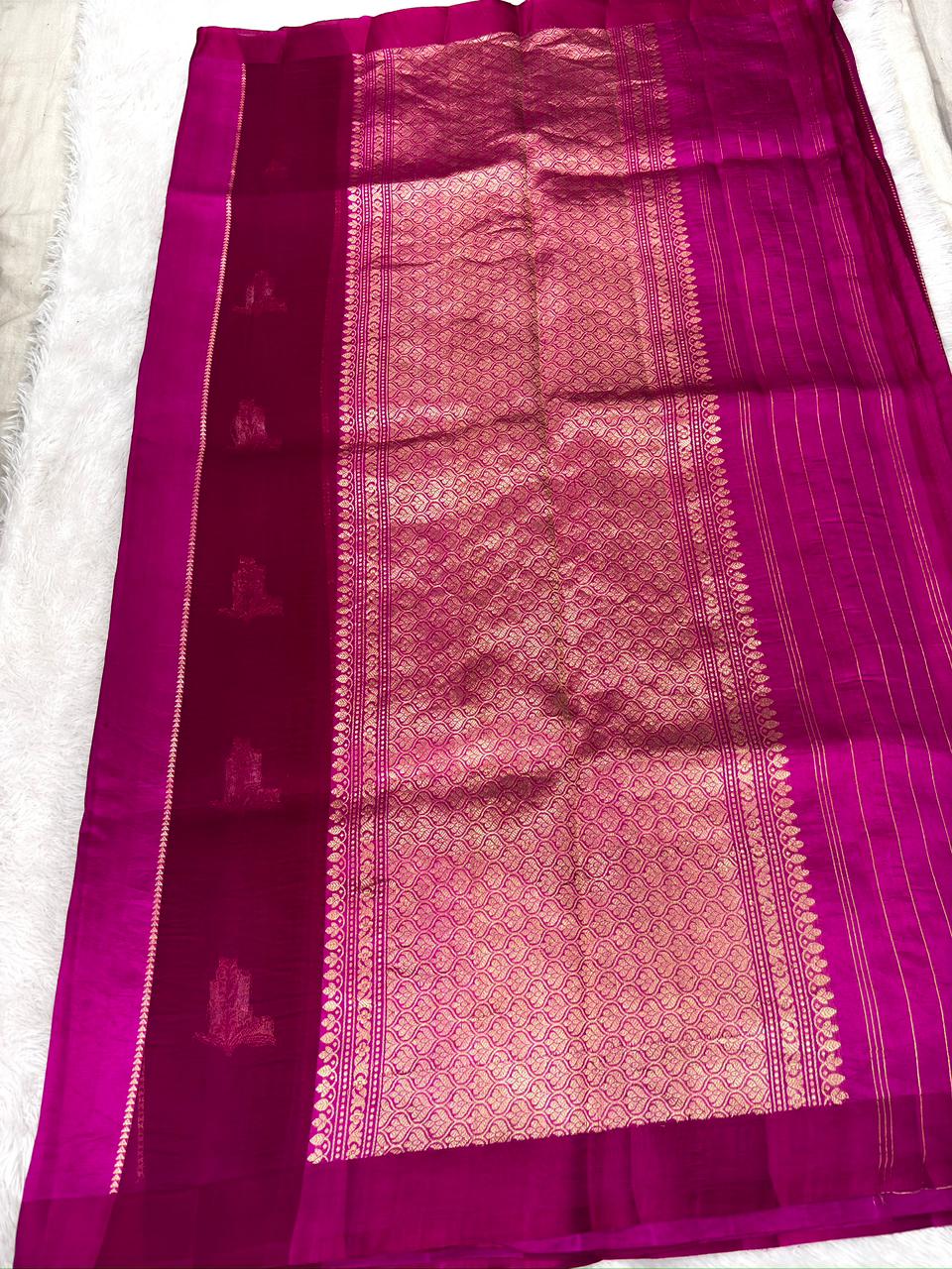 Rani Magenta Kora Designer Kadhua Handloom Saree with Gold Zari Motifs