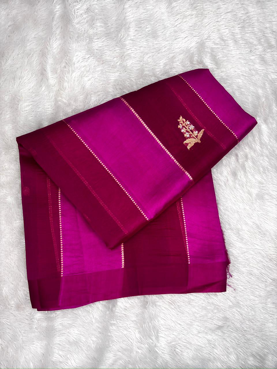 Rani Magenta Kora Designer Kadhua Handloom Saree with Gold Zari Motifs