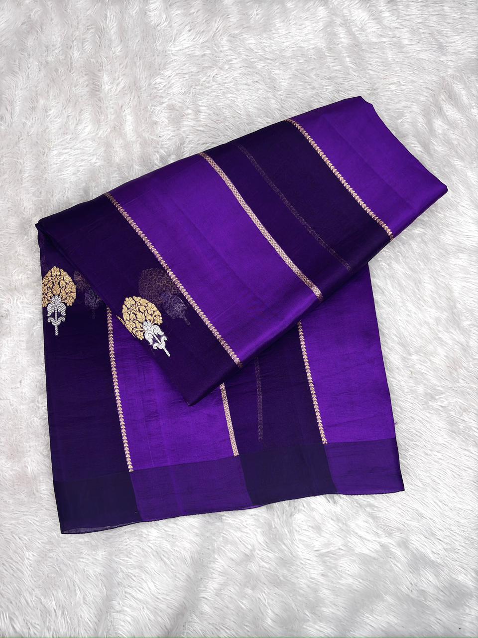 Royal Purple Kora Designer Kadhua Handloom Saree with Antique Gold Zari Pallu