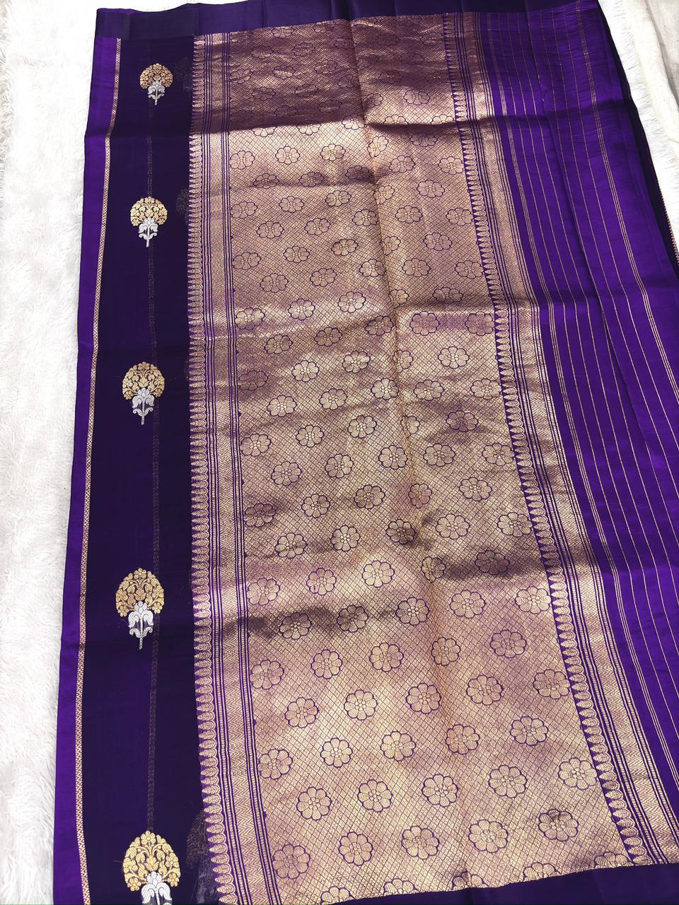 Royal Purple Kora Designer Kadhua Handloom Saree with Antique Gold Zari Pallu