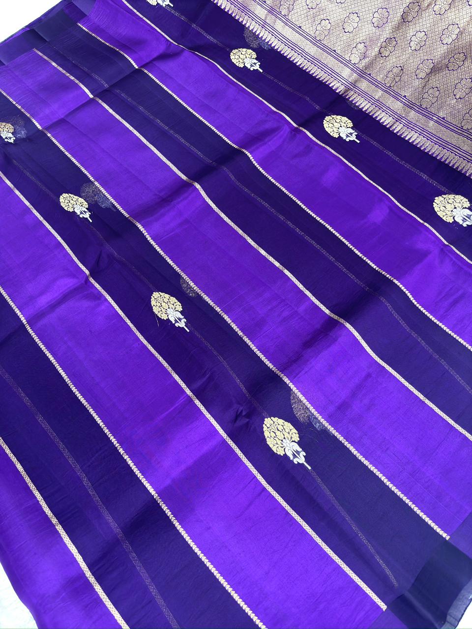 Royal Purple Kora Designer Kadhua Handloom Saree with Antique Gold Zari Pallu