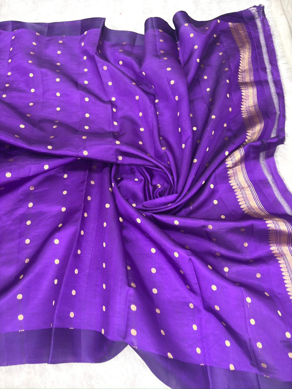 Royal Purple Kora Designer Kadhua Handloom Saree with Antique Gold Zari Pallu