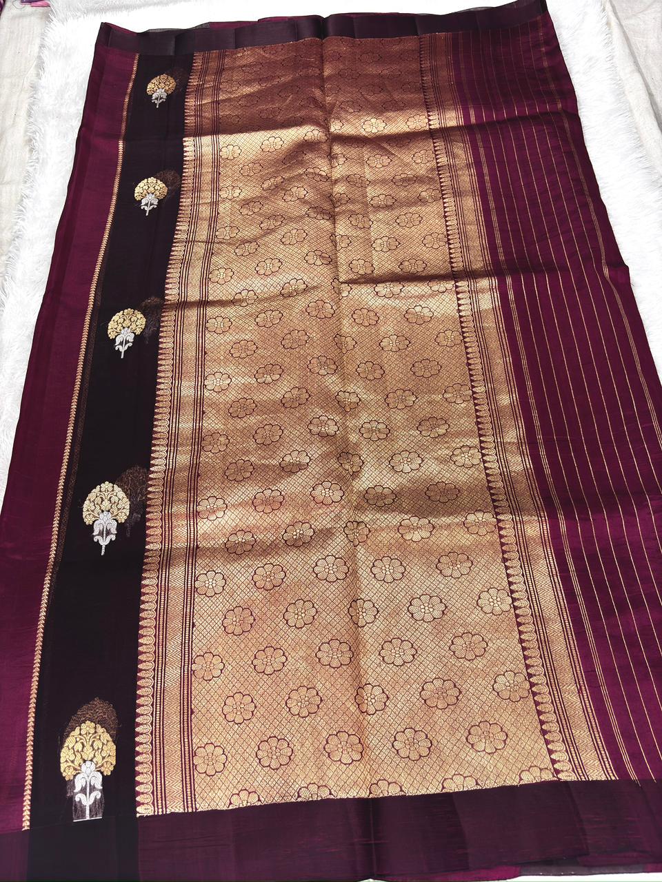 Wine Plum Kora Designer Kadhua Handloom Saree with Antique Gold Zari Pallu
