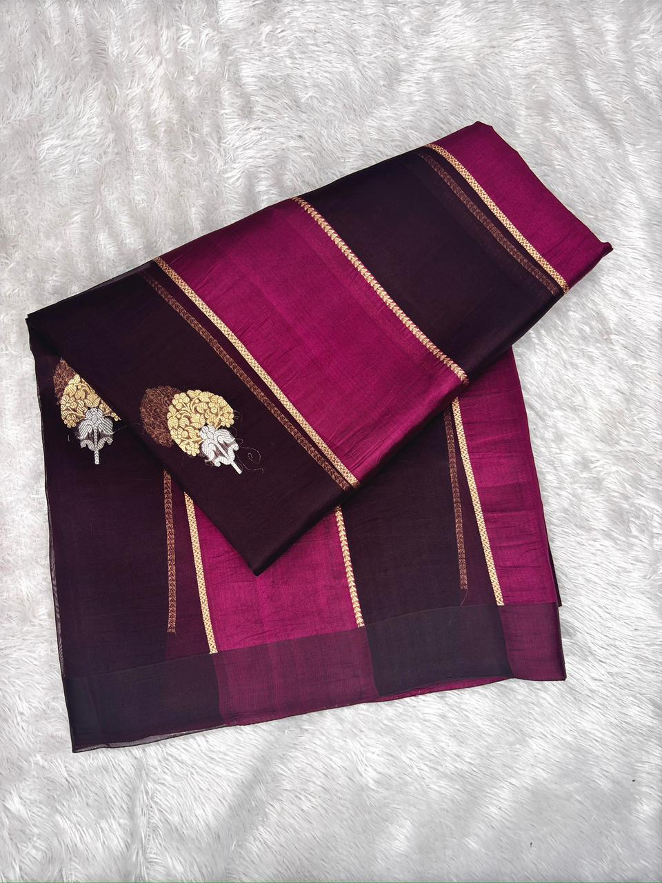 Wine Plum Kora Designer Kadhua Handloom Saree with Antique Gold Zari Pallu
