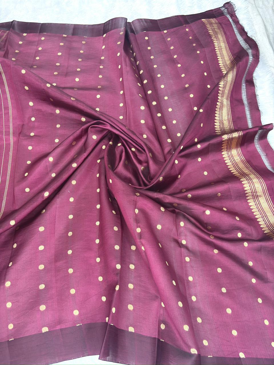 Wine Plum Kora Designer Kadhua Handloom Saree with Antique Gold Zari Pallu