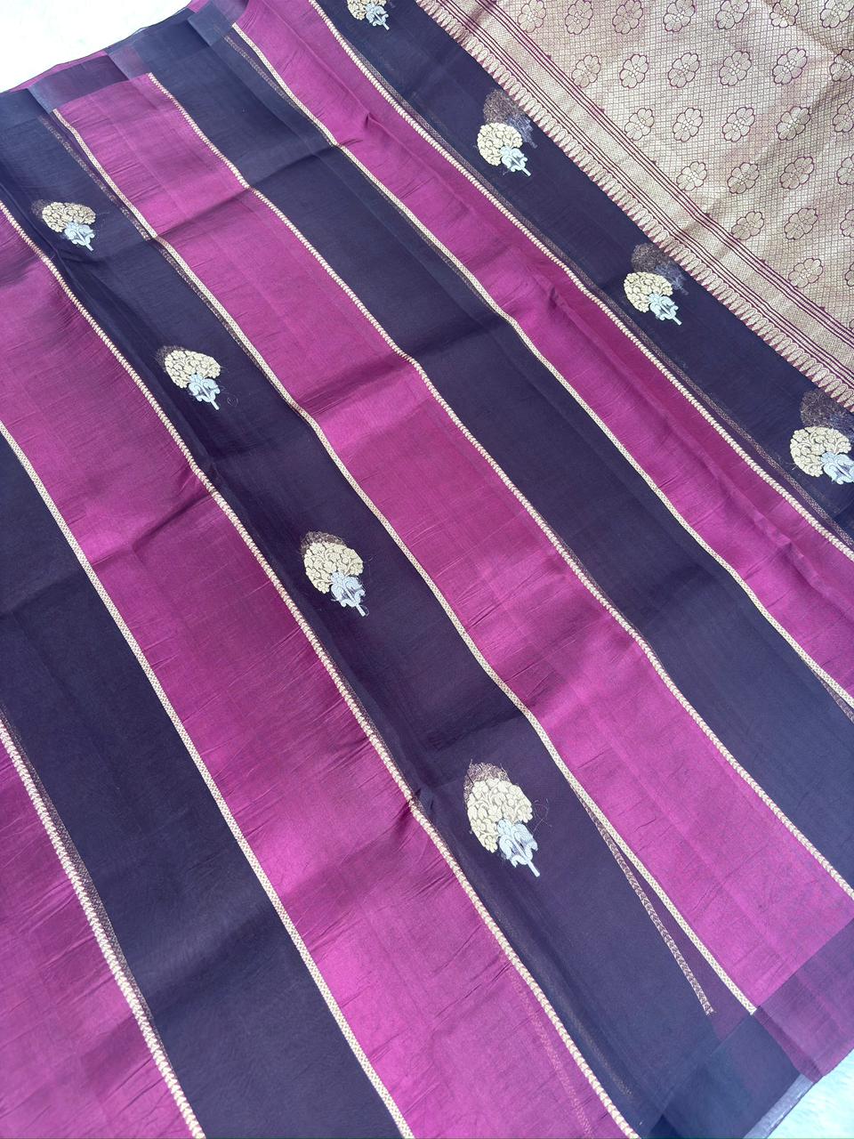 Wine Plum Kora Designer Kadhua Handloom Saree with Antique Gold Zari Pallu