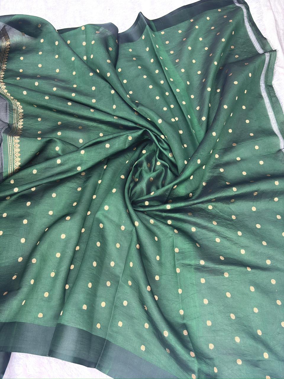 Emerald Green Kora Designer Kadhua Handloom Saree with Antique Gold Zari Pallu