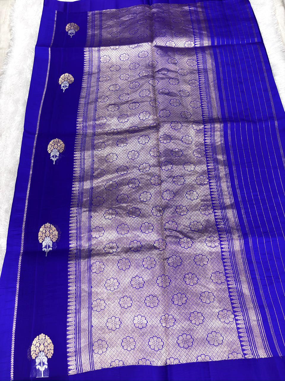 Royal Blue Kora Designer Kadhua Handloom Saree with Silver Zari Pallu