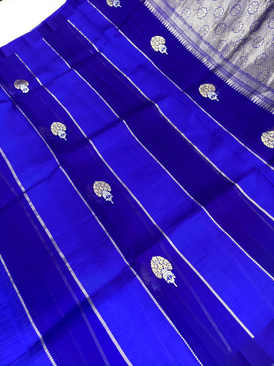 Royal Blue Kora Designer Kadhua Handloom Saree with Silver Zari Pallu