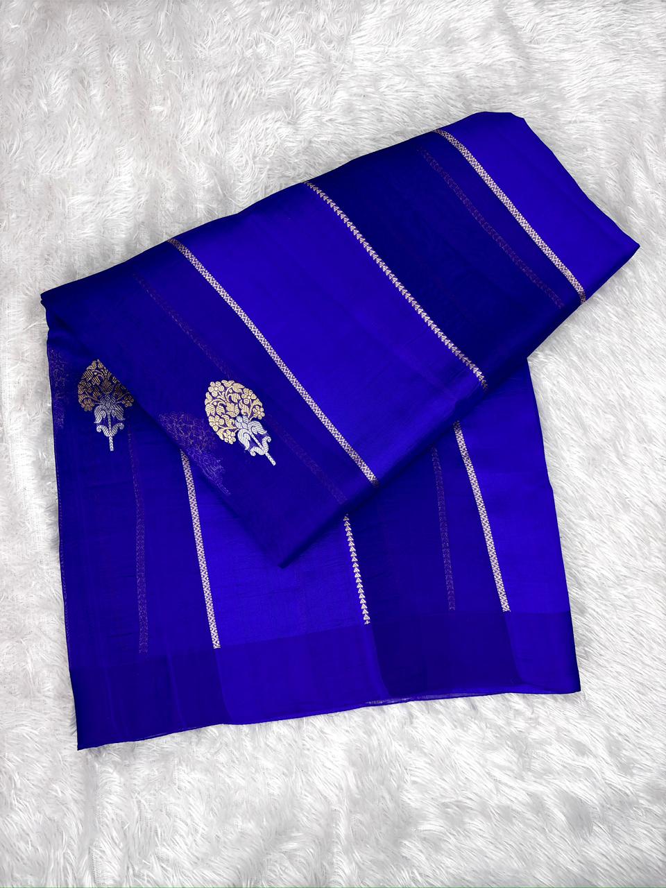 Royal Blue Kora Designer Kadhua Handloom Saree with Silver Zari Pallu