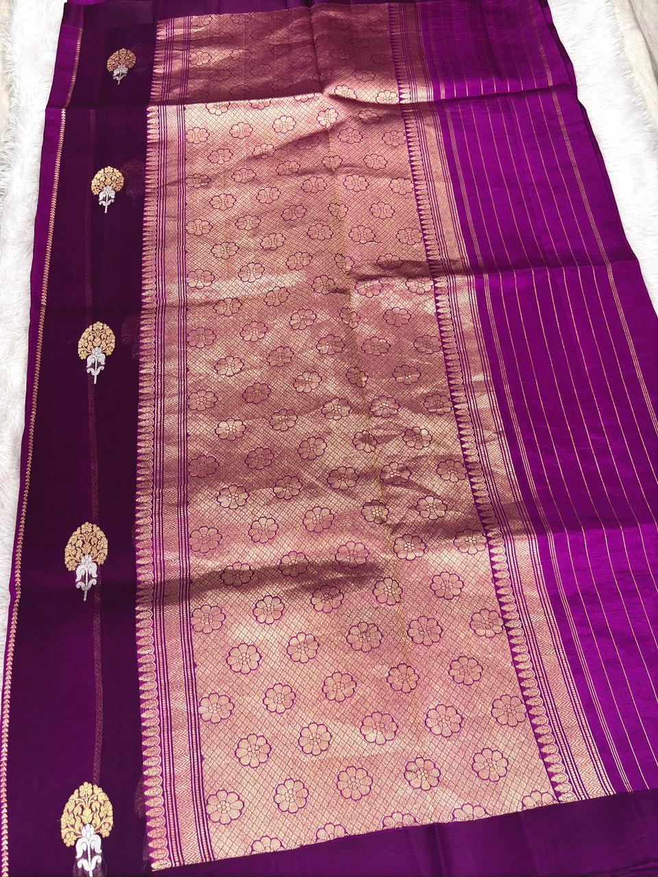 Royal Purple Kora Designer Kadhua Handloom Saree with Antique Zari Pallu