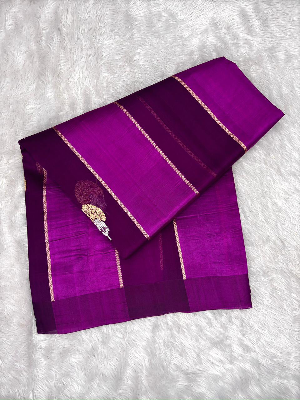 Royal Purple Kora Designer Kadhua Handloom Saree with Antique Zari Pallu