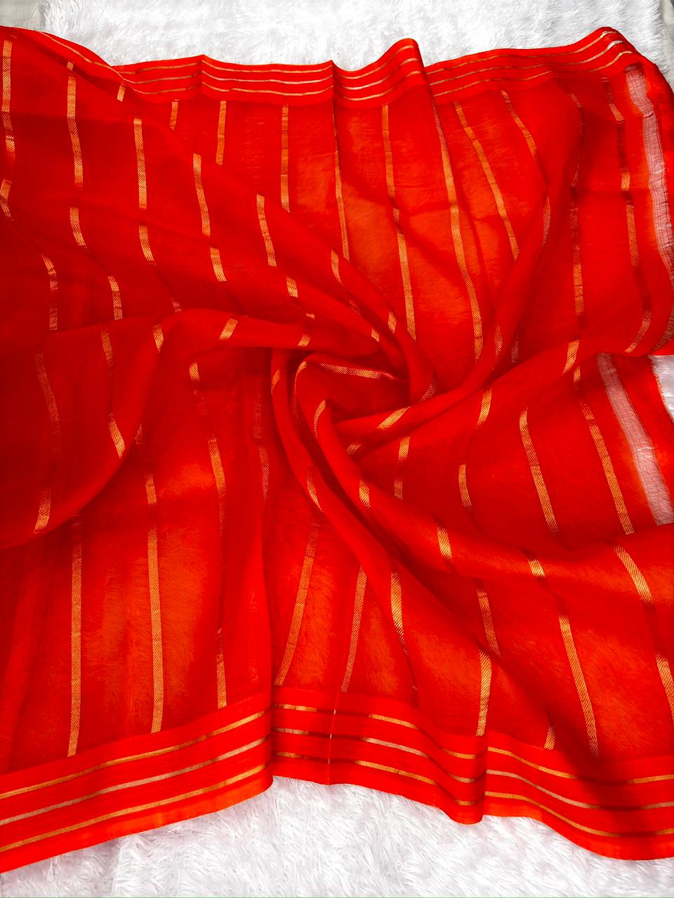 Vermillion Red Kora Designer Kadhua Handloom Saree with Gold Zari Floral Buta & Rich Pallu